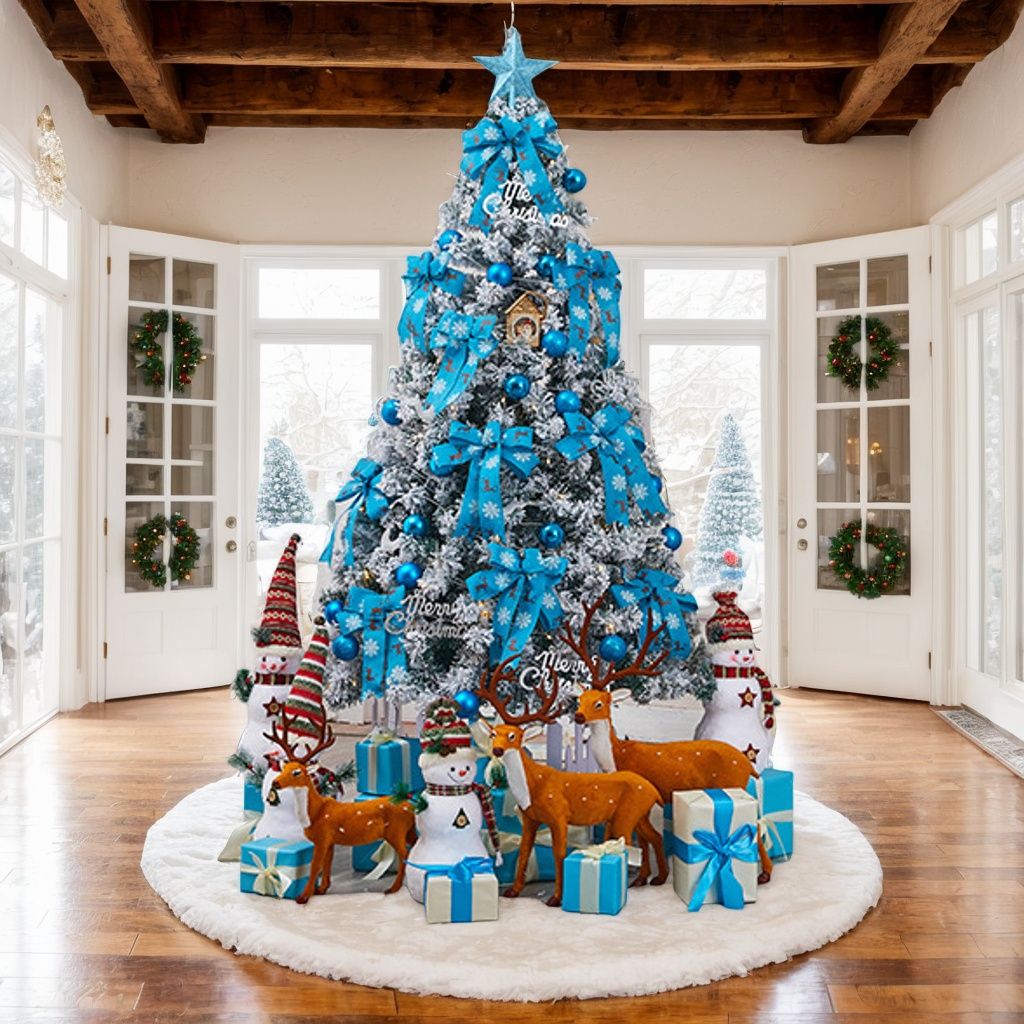 Decorated faux pine Christmas tree 6FT with blue ribbons and ornaments, surrounded by holiday gifts and decorations