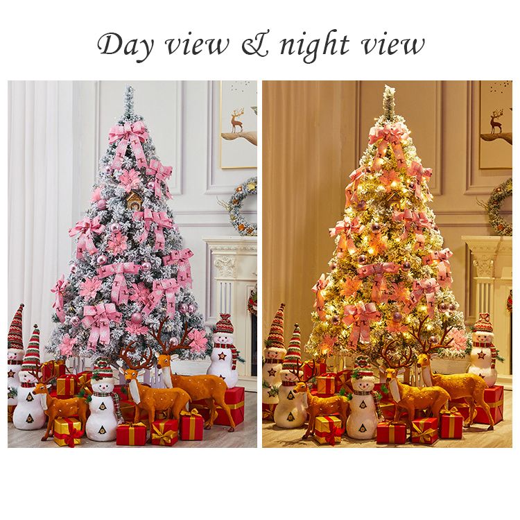 Faux pine Christmas tree 6FT decorated with pink ribbons and ornaments in day and night views
