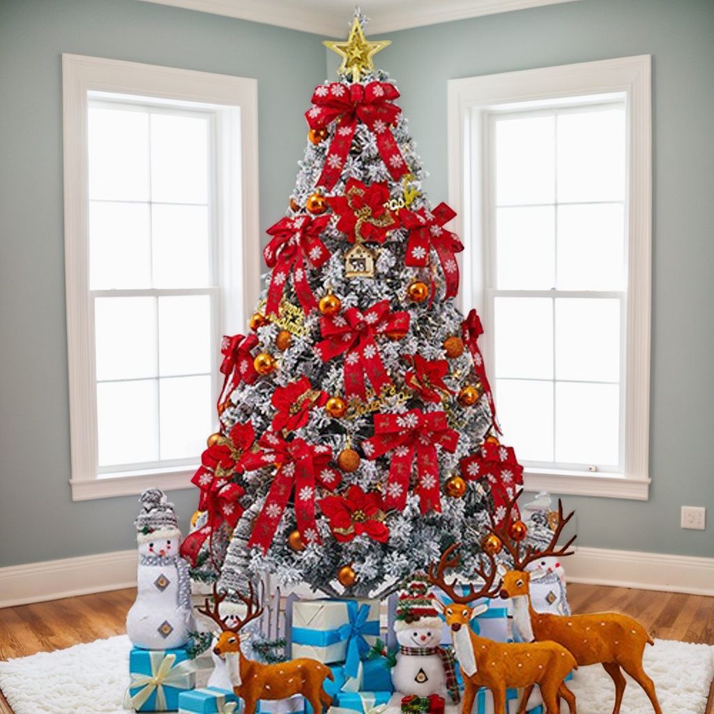 Faux pine Christmas tree 6FT adorned with red ribbons, ornaments, and snowmen decorations