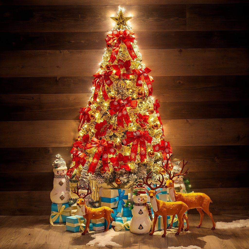 Faux pine Christmas tree 6FT adorned with lights, ribbons, and festive decorations for the holiday season