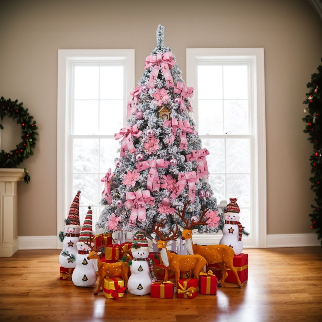 Faux pine Christmas tree 6FT decorated with pink bows and surrounded by snowmen and reindeer figurines
