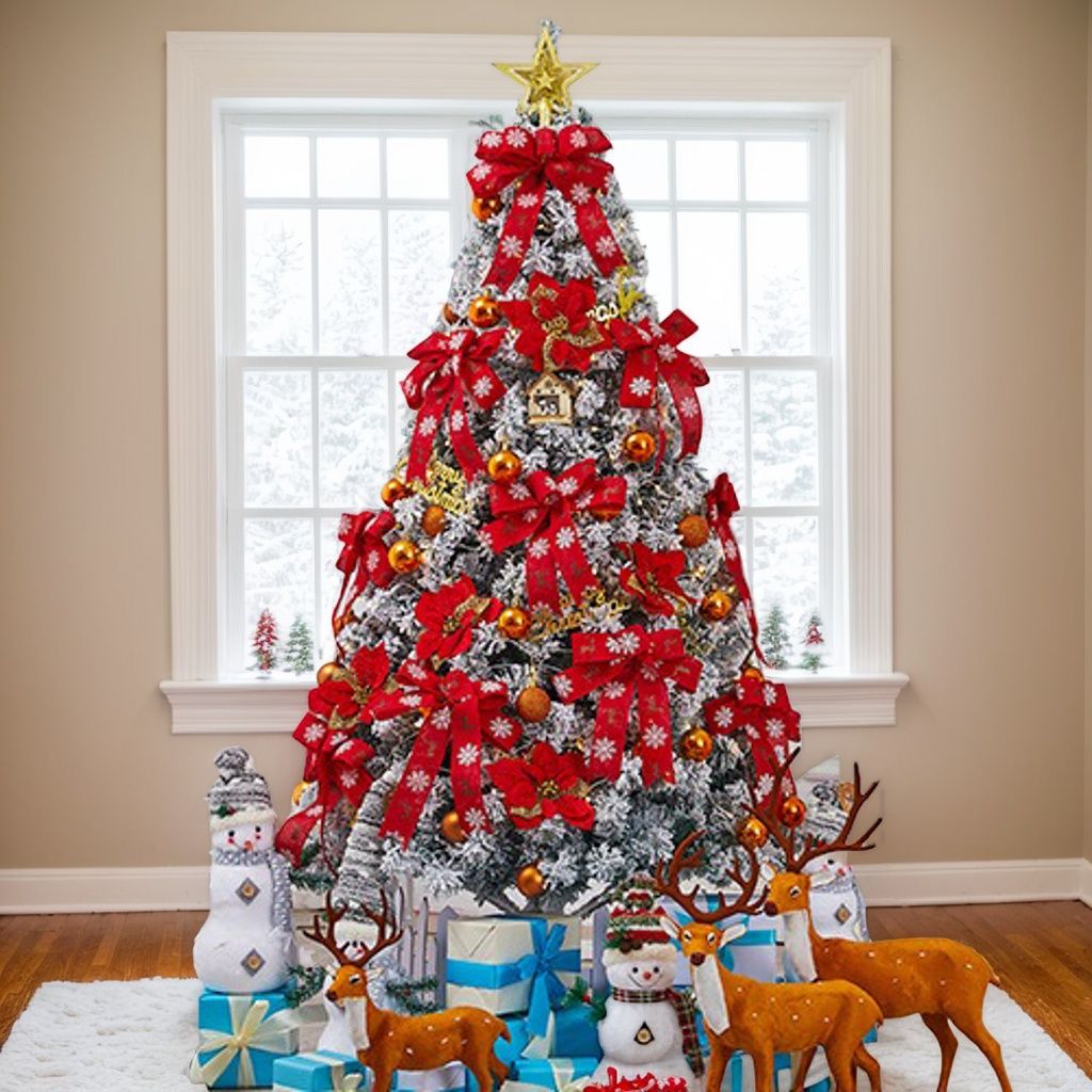 Festively decorated Faux pine Christmas tree 6FT with red ribbons, ornaments, and gifts underneath