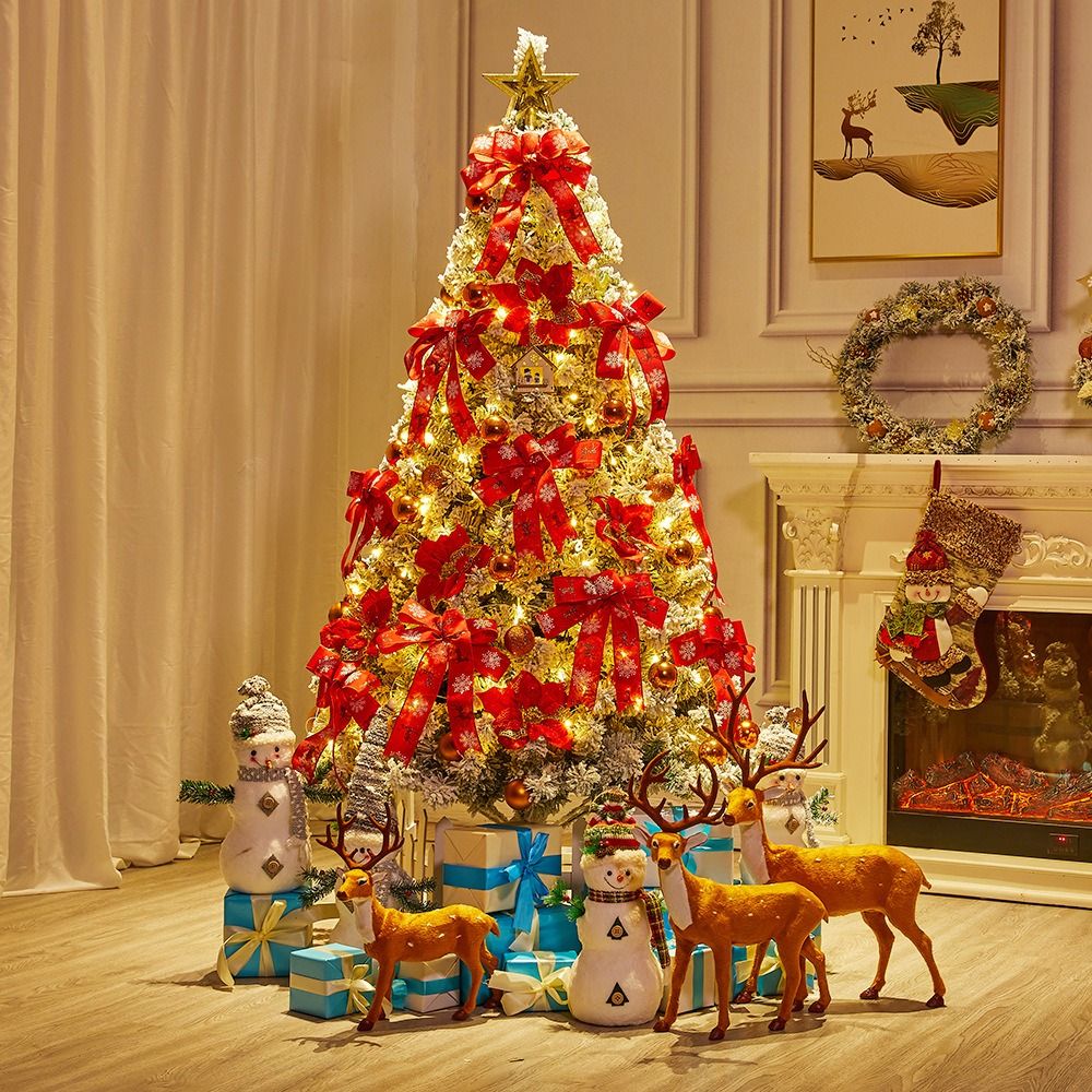 Festively decorated Faux pine Christmas tree 6FT with bright lights and red bows in a cozy setting