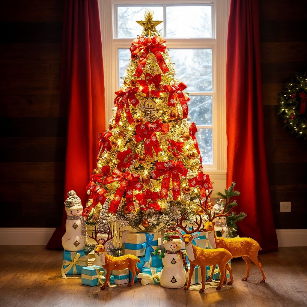 Beautifully decorated Faux pine Christmas tree 6FT with colorful ribbons and festive ornaments