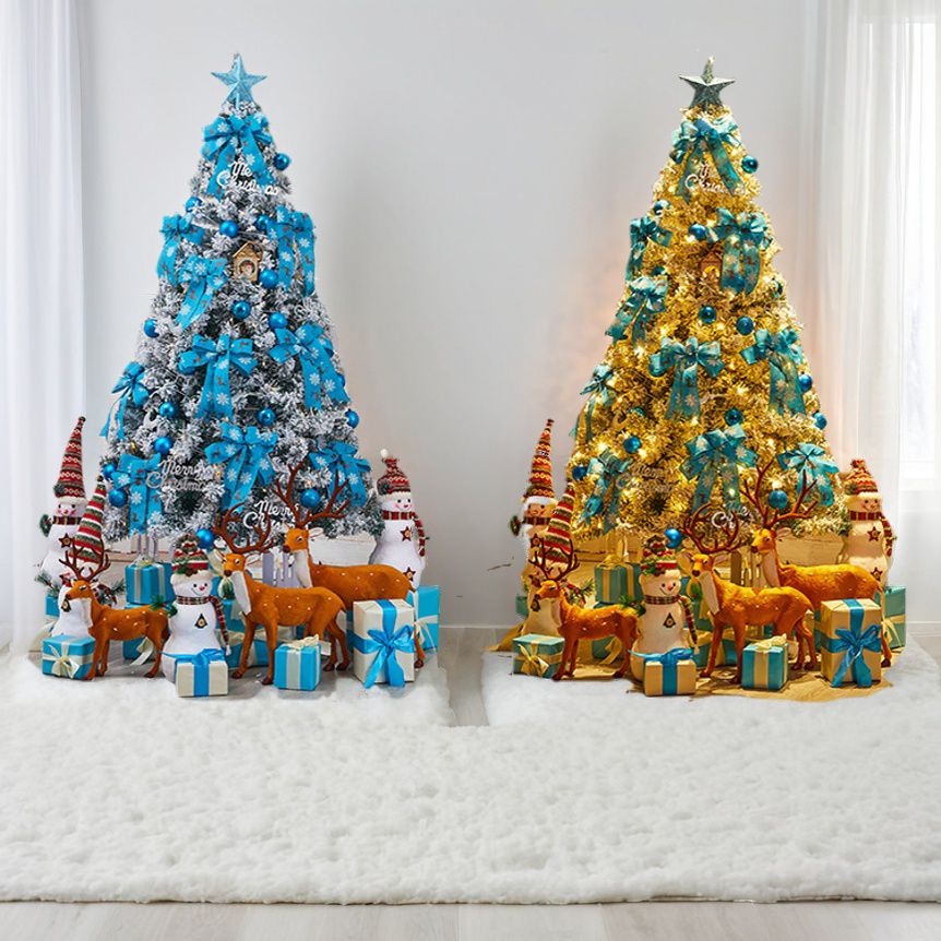 Two Faux Pine Christmas Trees 6FT decorated in blue and gold with gifts and festive ornaments