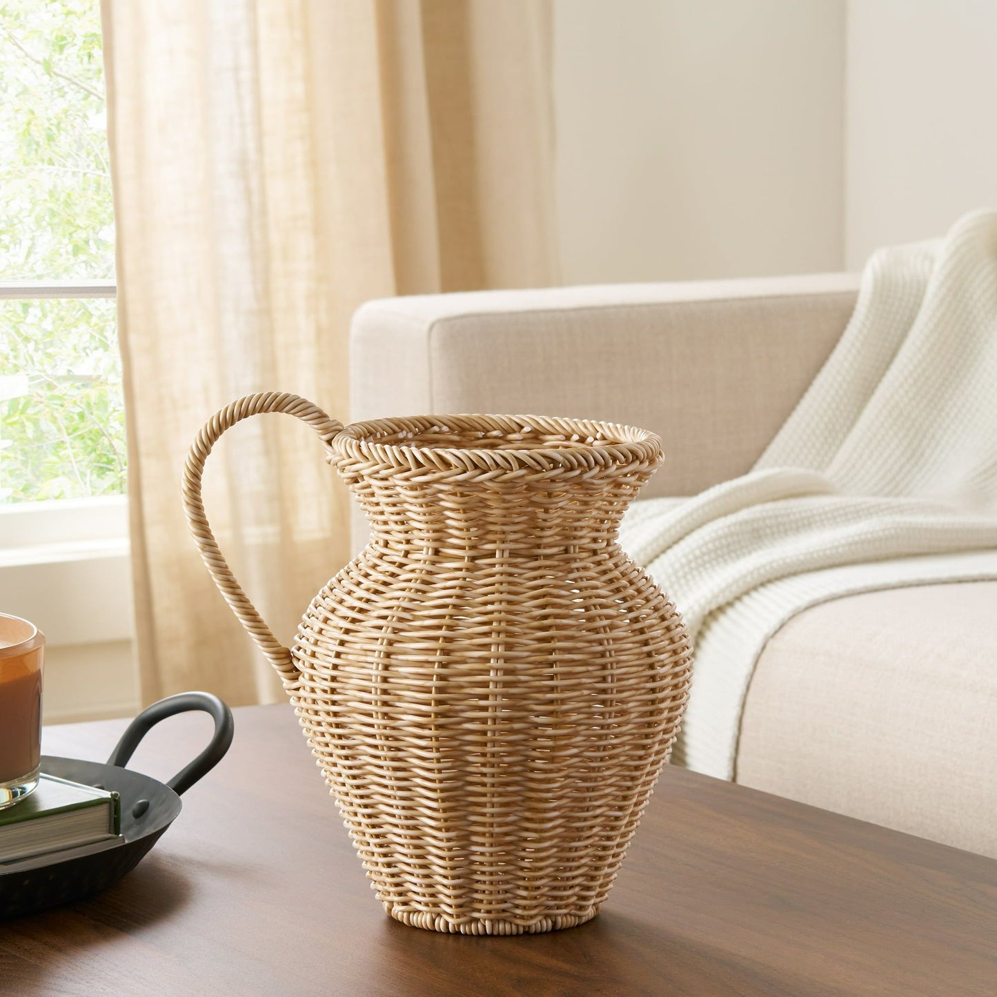 Faux wood rattan pitcher vase with a woven design, perfect for home decor and floral arrangements