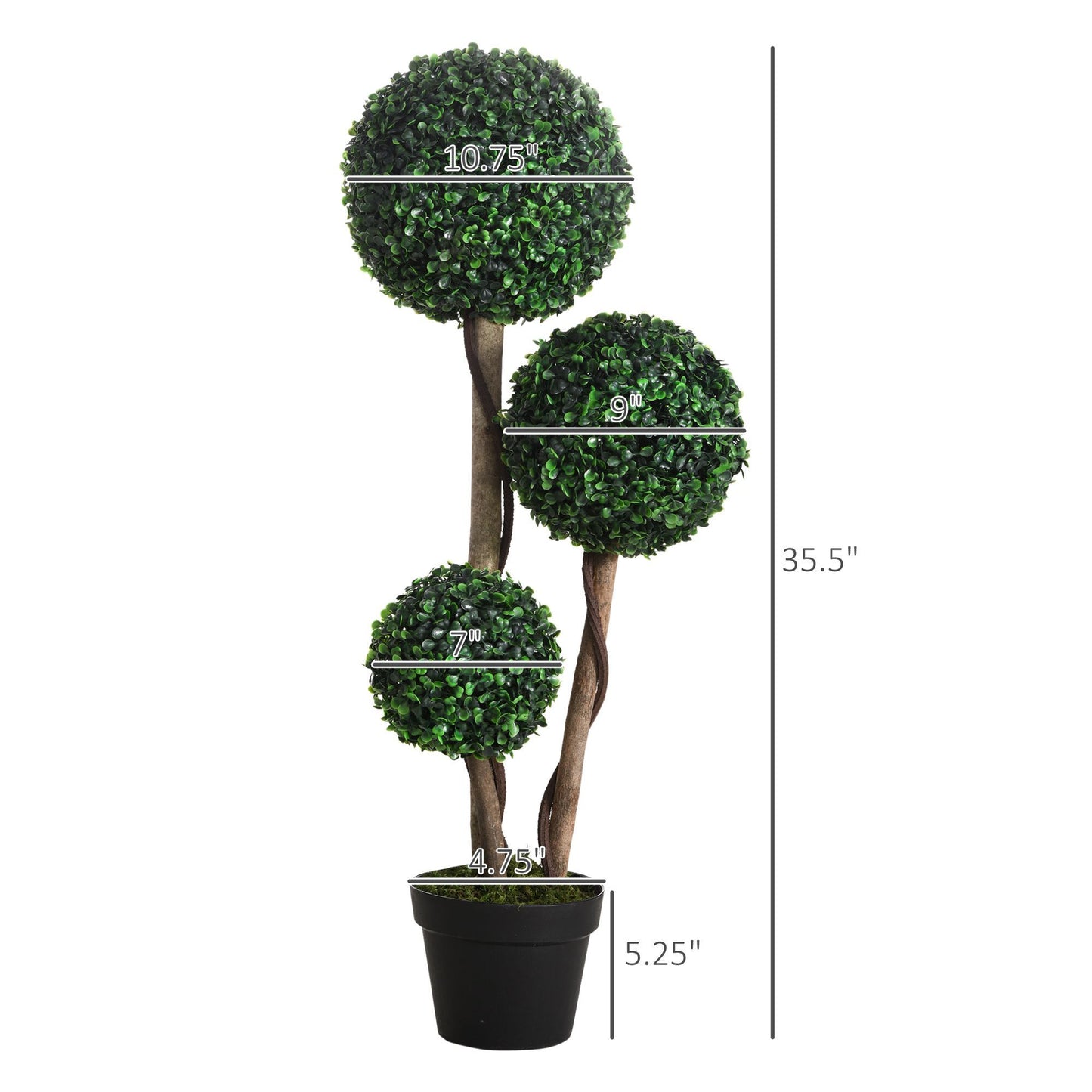 Artificial boxwood topiary tree with three green foliage spheres on twisted brown stems in black pot