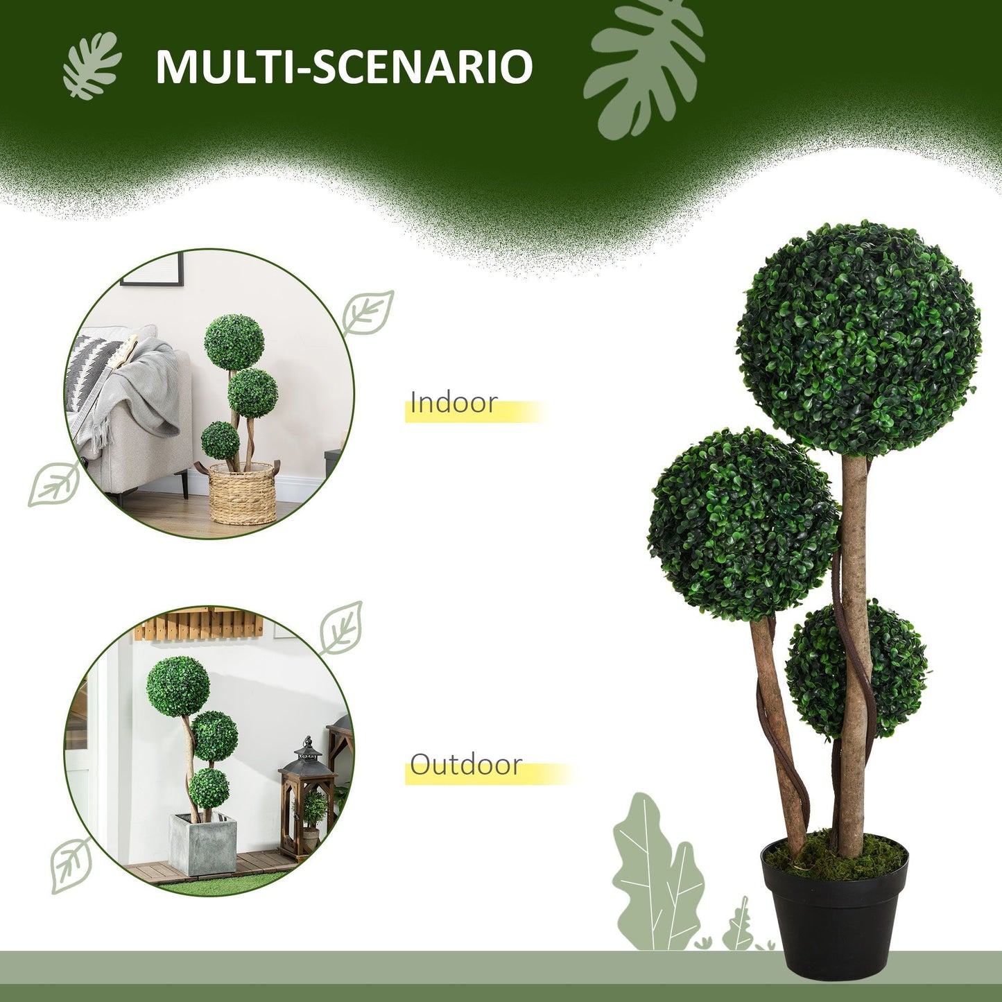 Artificial boxwood topiary tree with three green foliage spheres in black pot suitable for indoor and outdoor decor