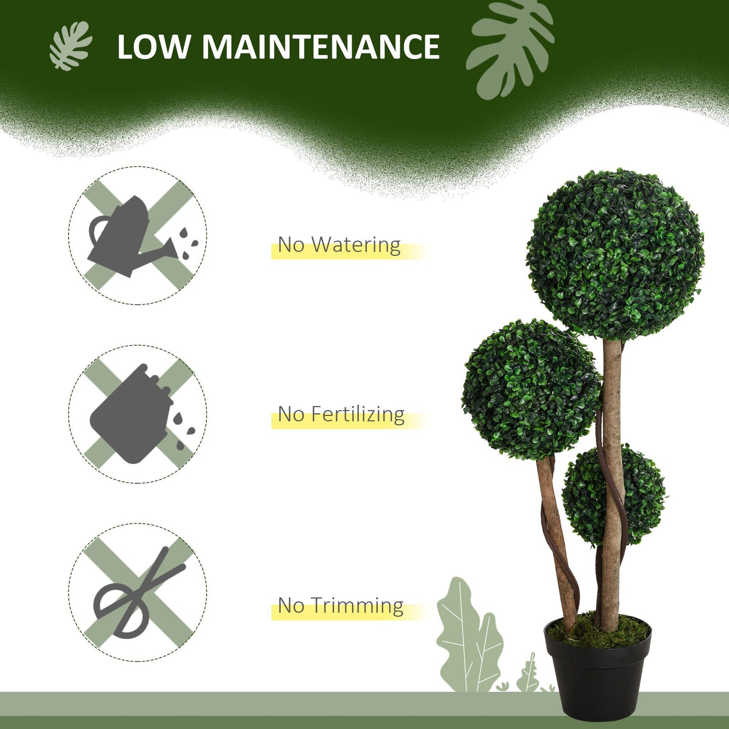 Artificial boxwood topiary tree with three green foliage balls in black pot low maintenance no watering fertilizing or trimming