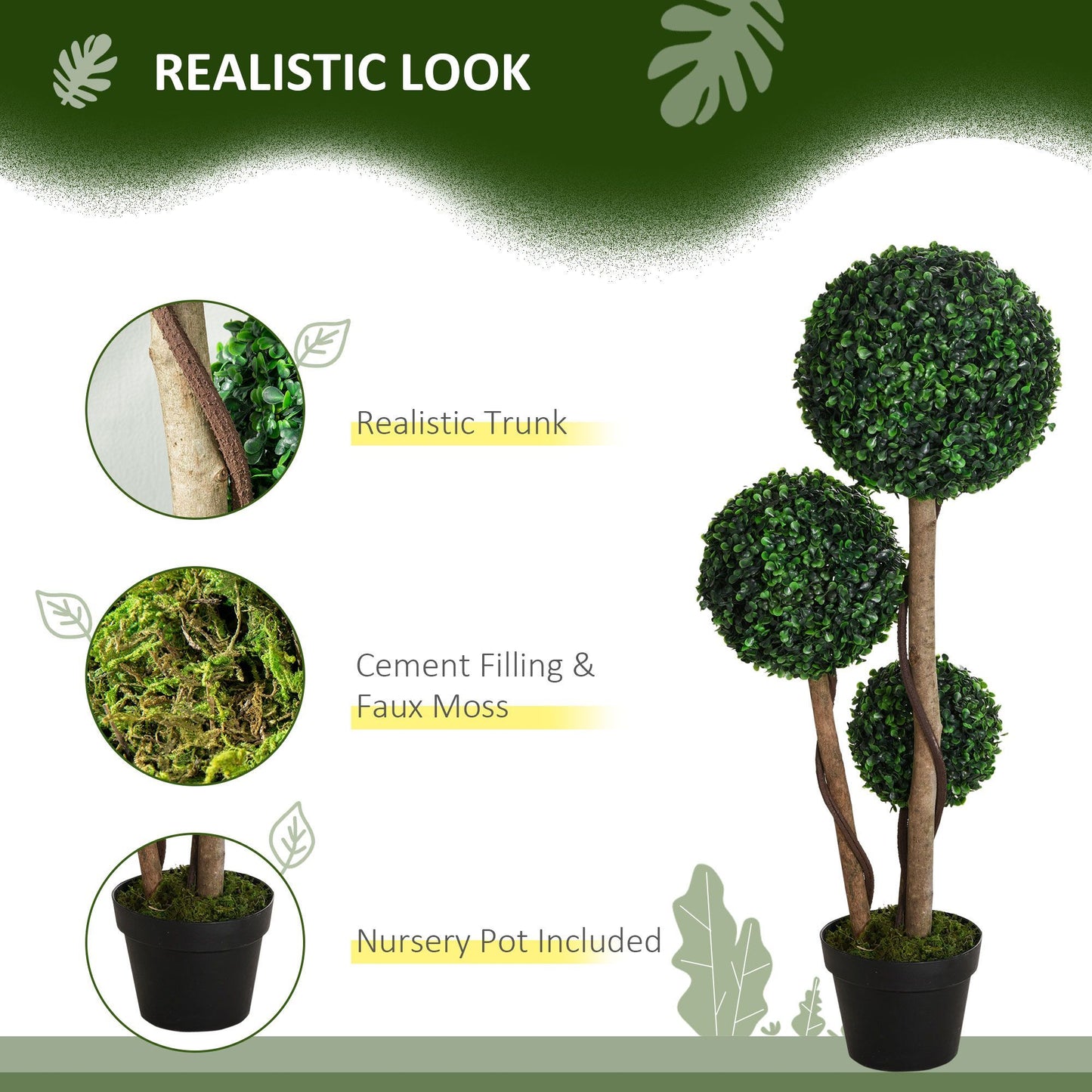 Artificial boxwood topiary tree with realistic trunk, faux moss, and nursery pot included from FauxMart.com