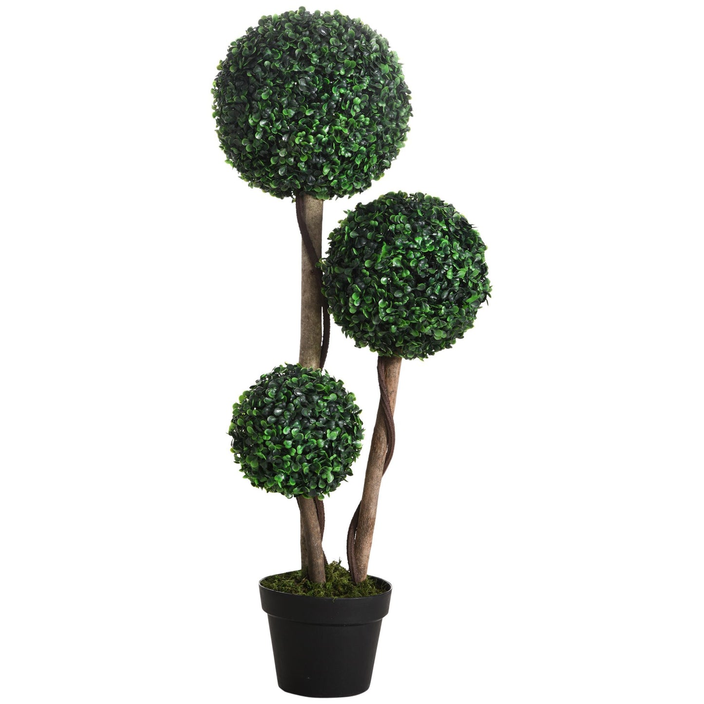Artificial boxwood topiary tree with three green spherical foliage clusters in a black pot