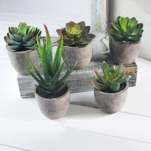 Artificial succulent plants set with five green and purple faux succulents in rustic gray pots by FauxMart.com