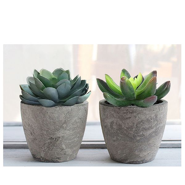 Artificial succulent plants set with two green faux succulents in gray textured pots from FauxMart.com