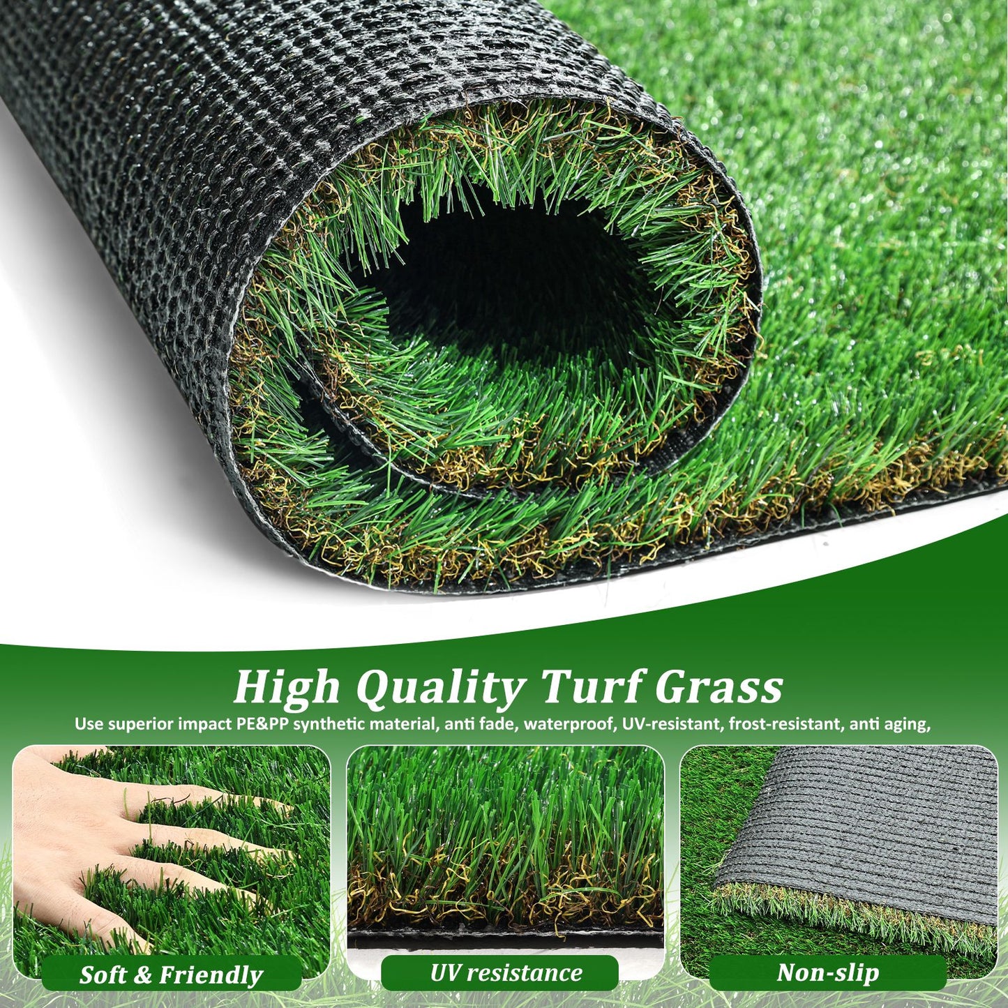 Rolled outdoor artificial grass runner rug showing green synthetic turf with soft texture and non-slip backing