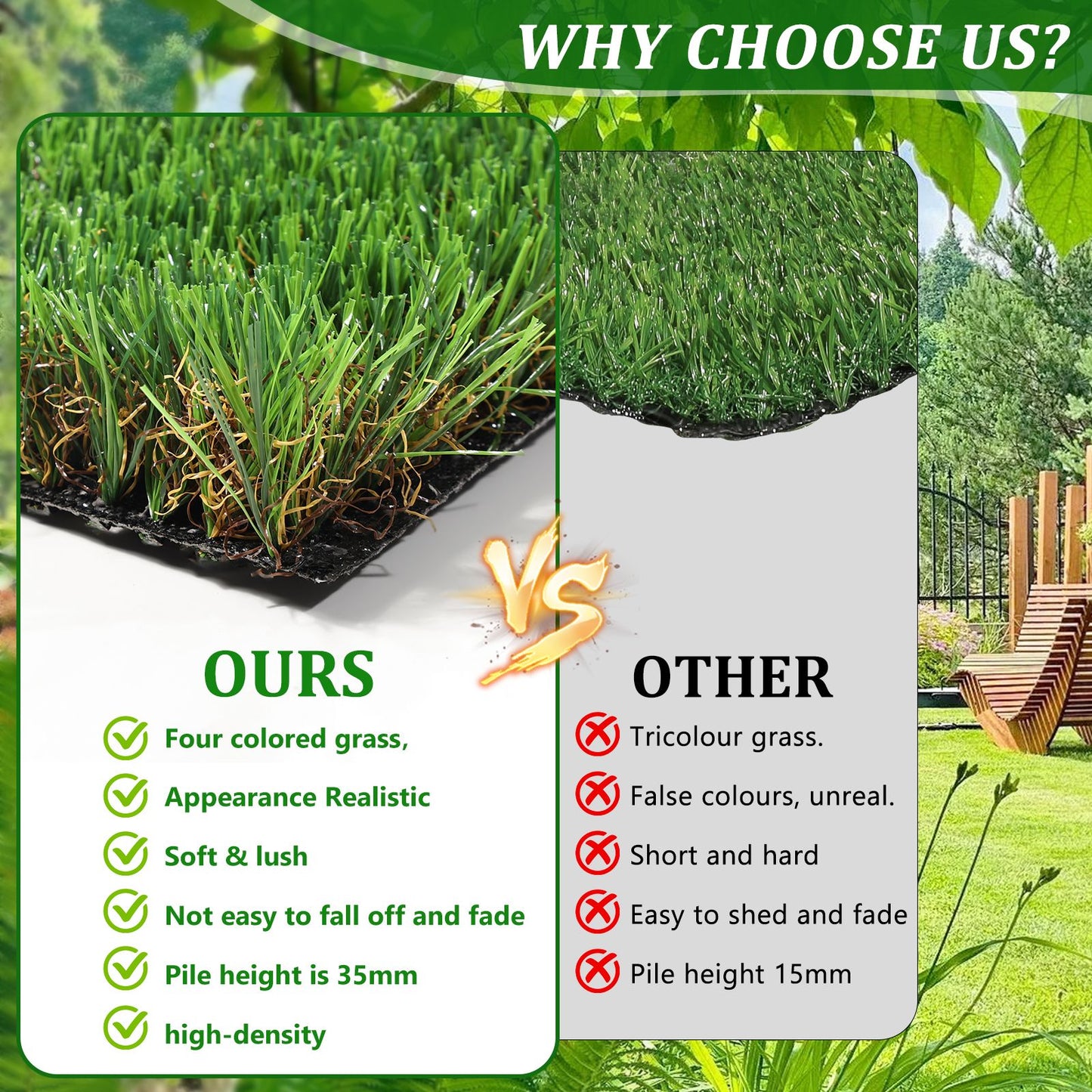 Comparison of outdoor artificial grass runner rug showing realistic four-colored grass and high density against shorter, less realistic grass