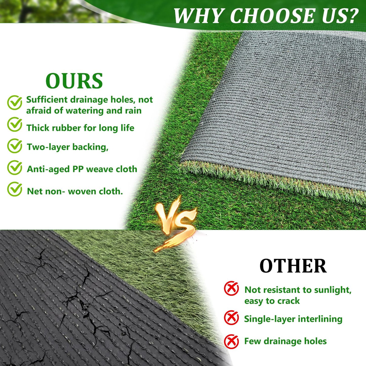 Comparison of outdoor artificial grass runner rug with two-layer backing and drainage holes to low-quality cracked rug