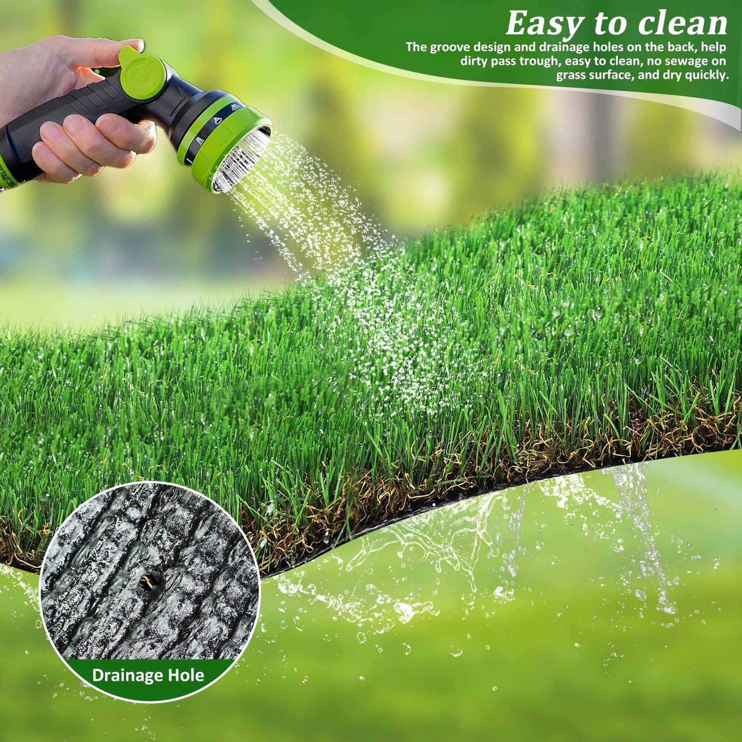 Outdoor artificial grass runner rug from FauxMart.com showing easy to clean drainage holes with water flowing through