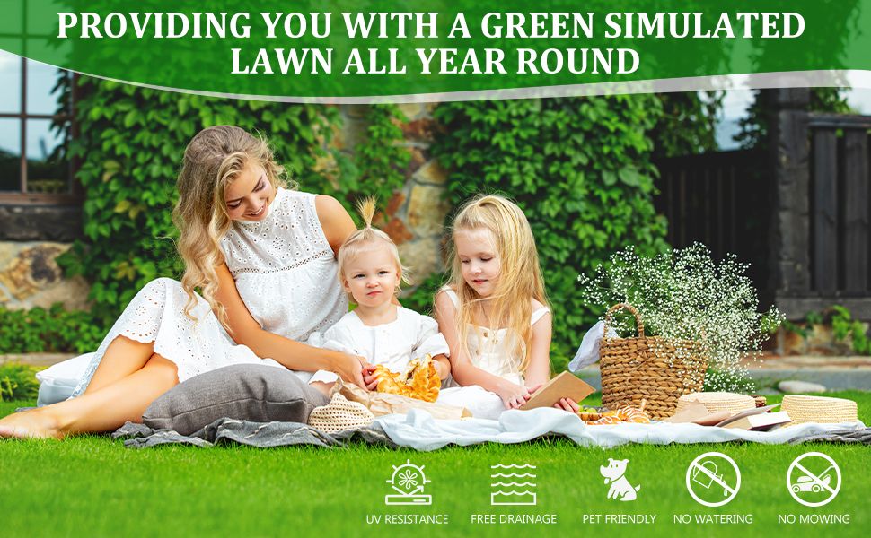 Outdoor artificial grass runner rug shown with mother and children having picnic on simulated green lawn