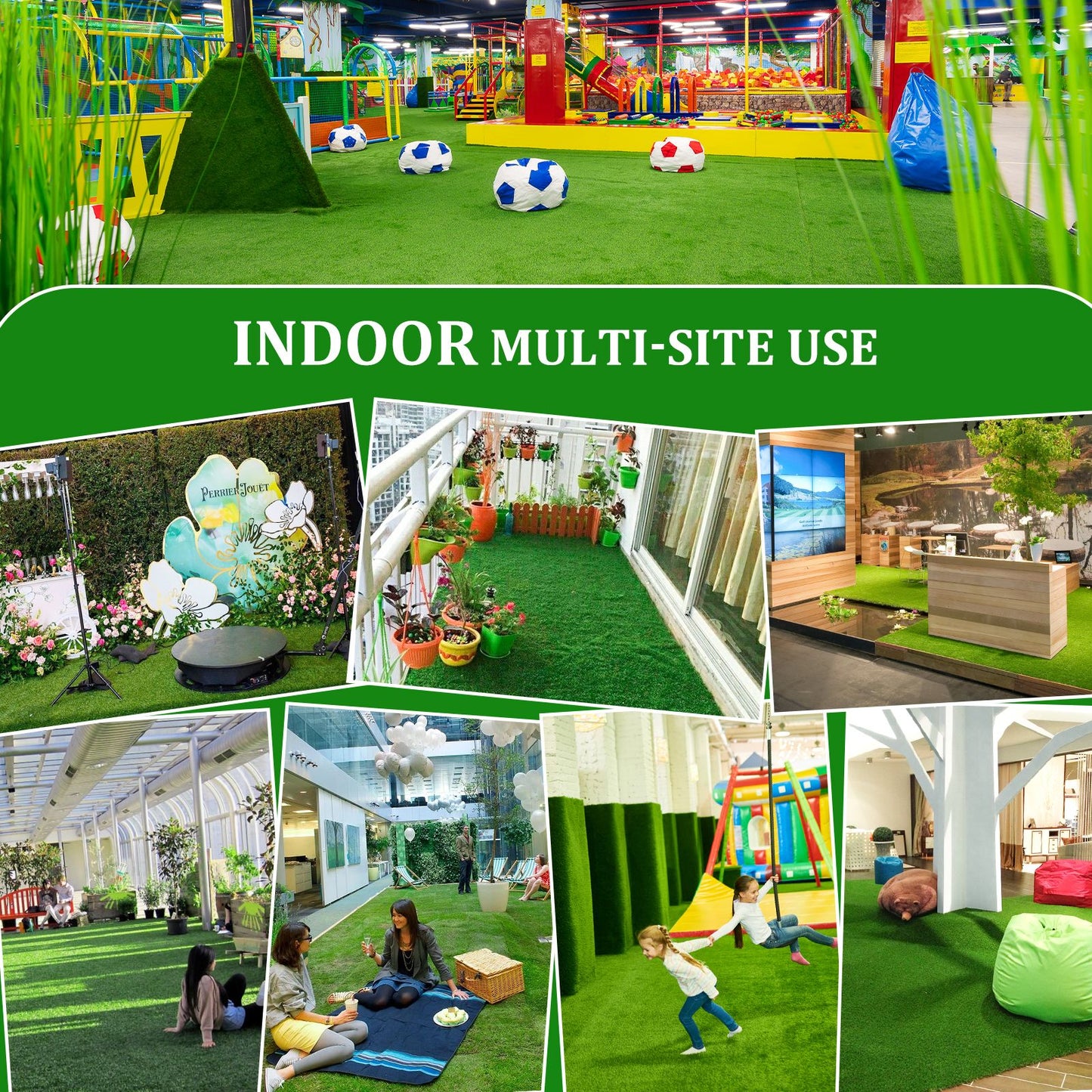 Indoor multi-site use of outdoor artificial grass runner rug in play areas, patios, and event spaces
