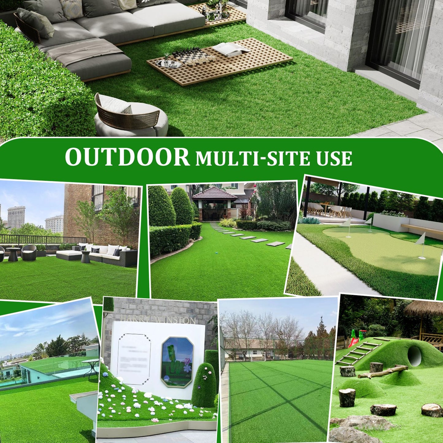 Outdoor artificial grass runner rug displayed in various outdoor settings including patios, gardens, and sports areas