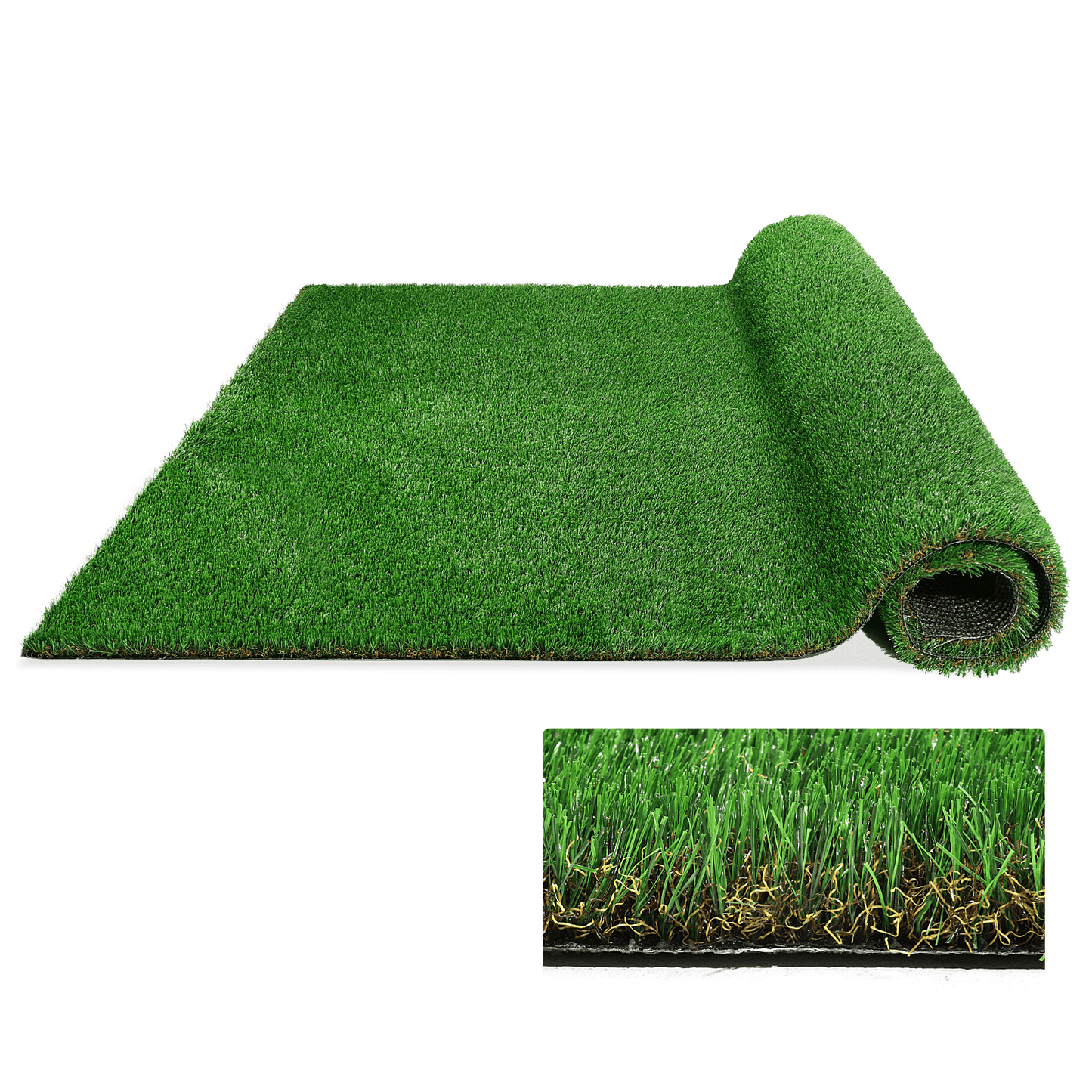 Outdoor artificial grass runner rug rolled out showing realistic green turf texture and dense pile