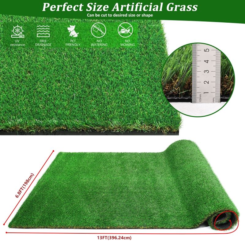 Outdoor artificial grass runner rug measuring 13 feet by 6.8 feet with UV resistance and pet friendly features