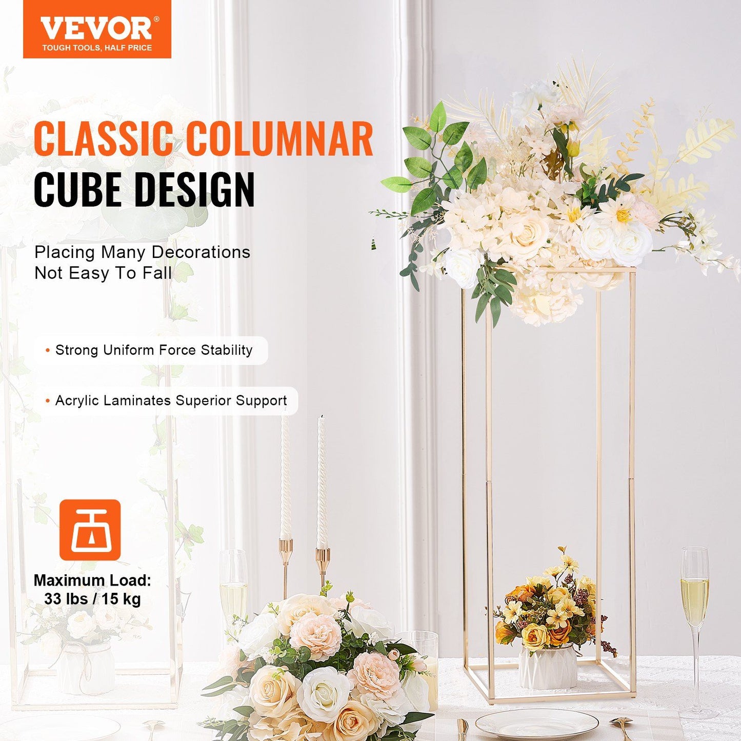 Gold geometric flower stands featuring a classic columnar cube design for elegant decoration display