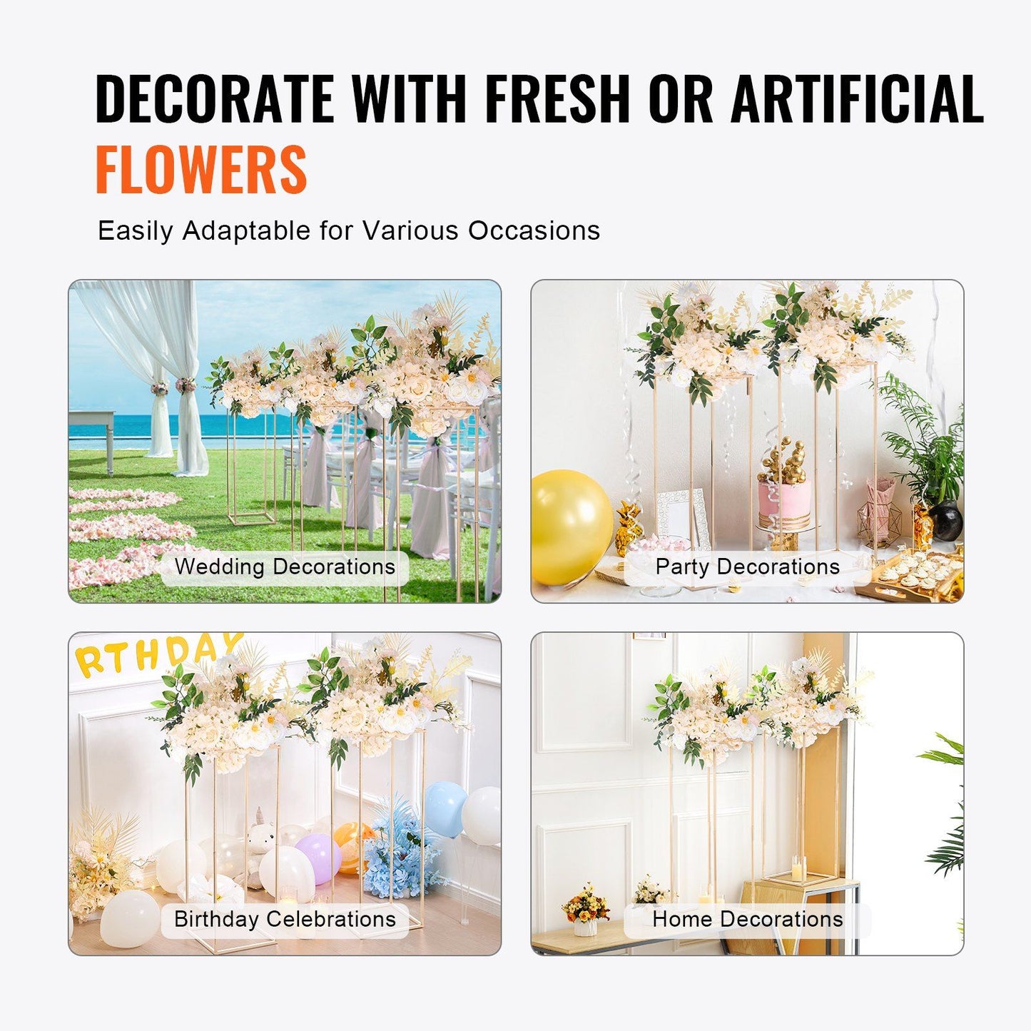 Gold geometric flower stands for elegant wedding and party decorations with fresh or artificial flowers