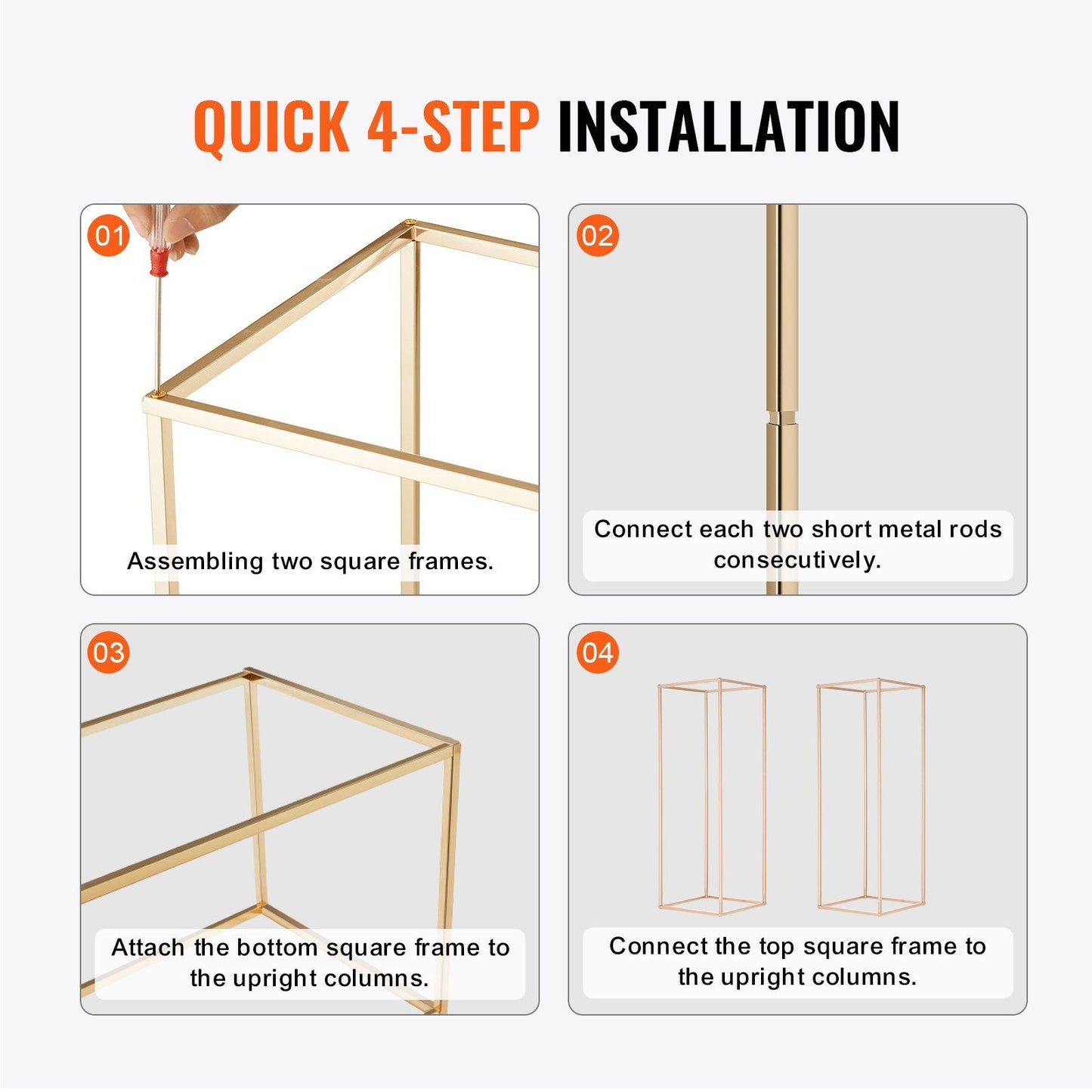 Quick installation guide for gold geometric flower stands with four easy steps and assembly instructions