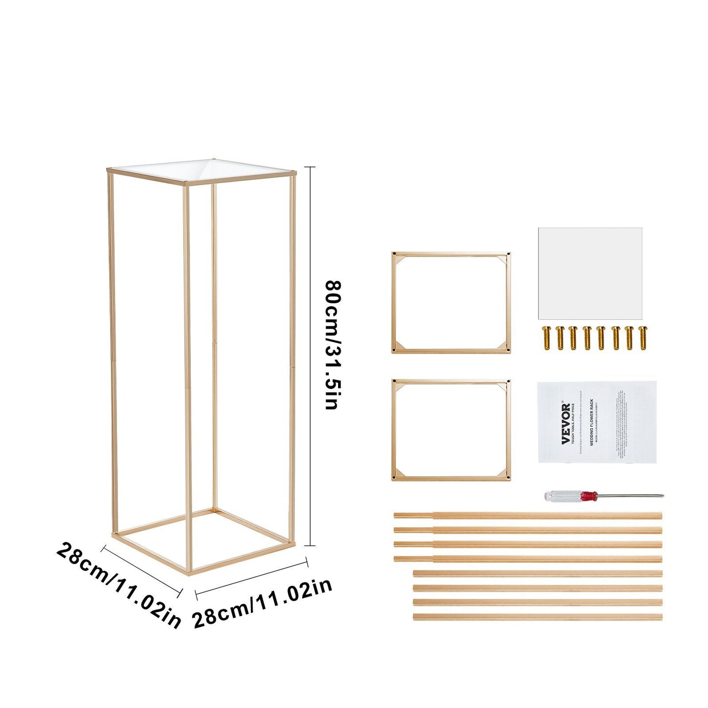 Gold wedding flower stand with dimensions for elegant floral displays at ceremonies and receptions