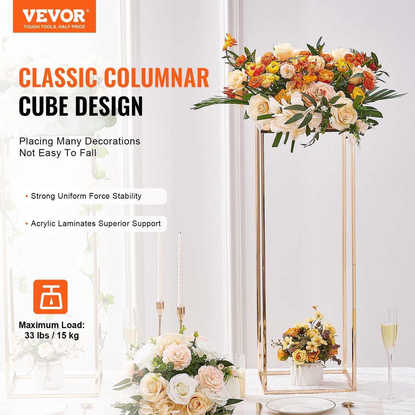 Elegant gold wedding flower stand with floral arrangements for a stunning event display