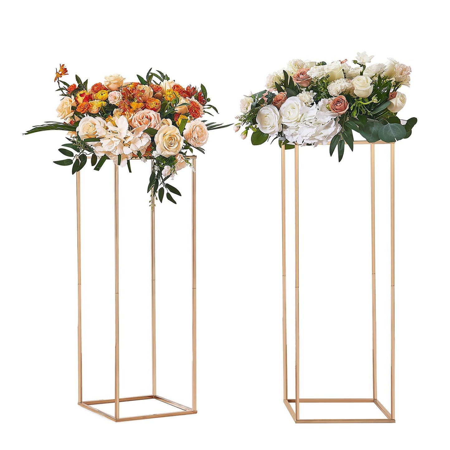 Gold wedding flower stand pair with beautifully arranged floral displays for elegant events