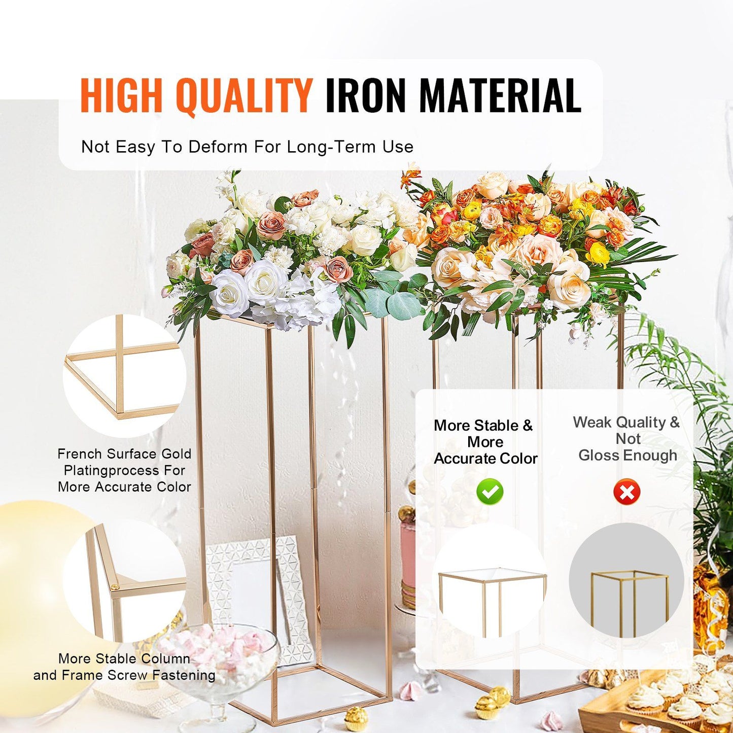 Elegant gold wedding flower stand with lush floral arrangement for beautiful event decor
