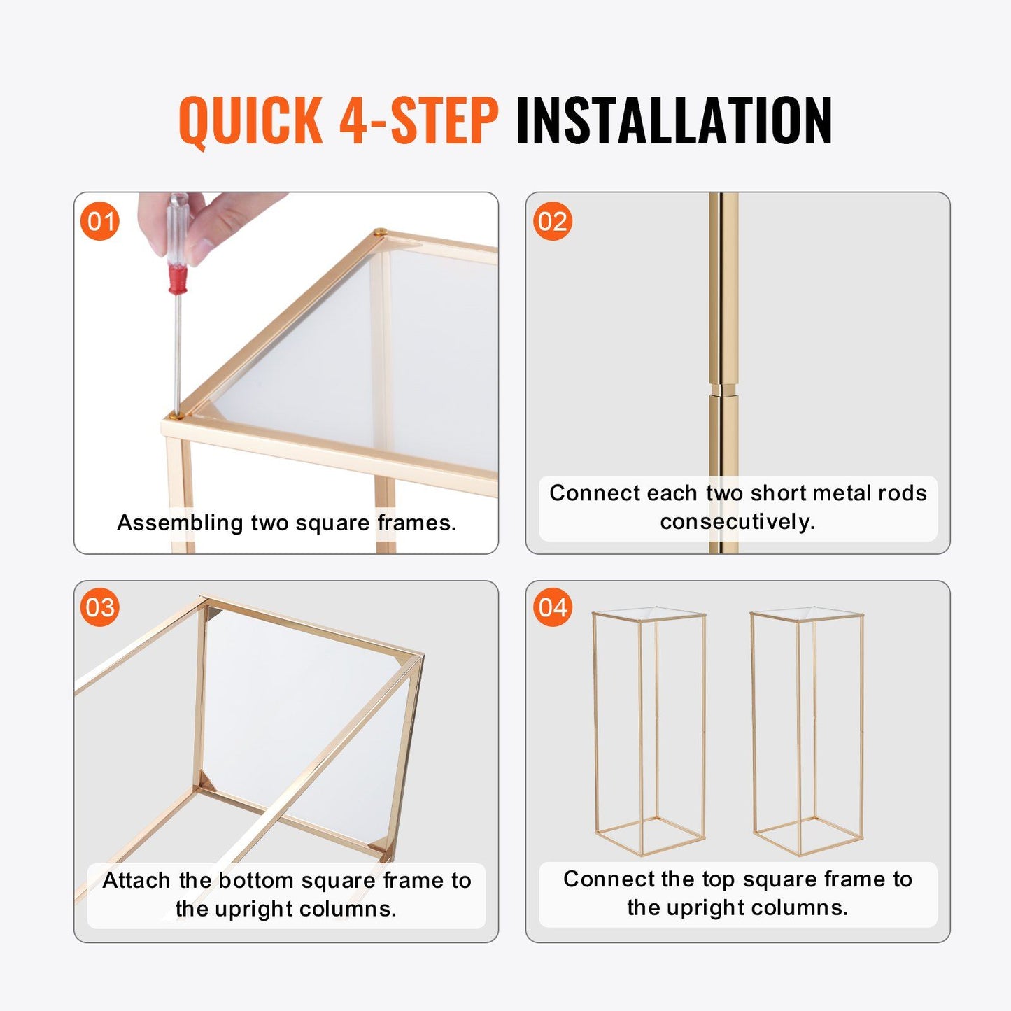 Step-by-step installation guide for gold wedding flower stand featuring assembly instructions