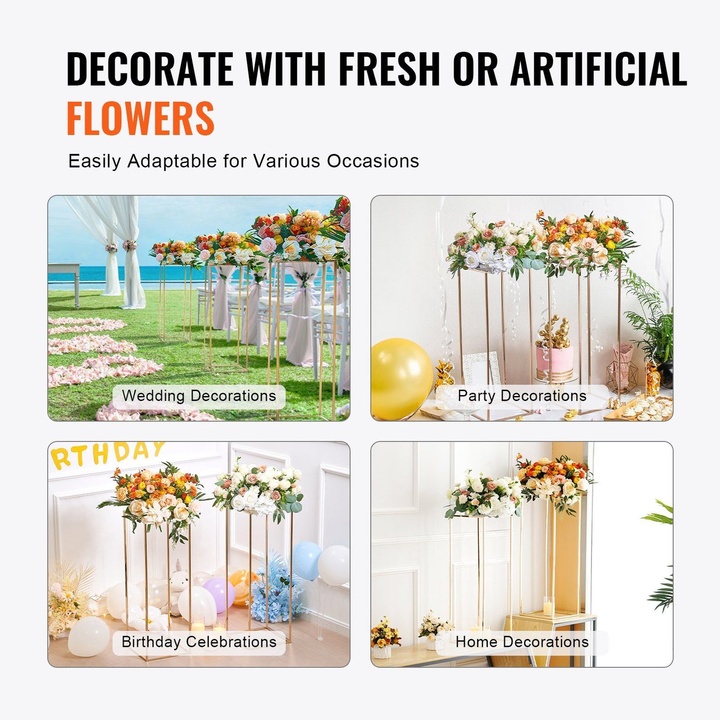Gold wedding flower stand adaptable for fresh or artificial flowers at various occasions