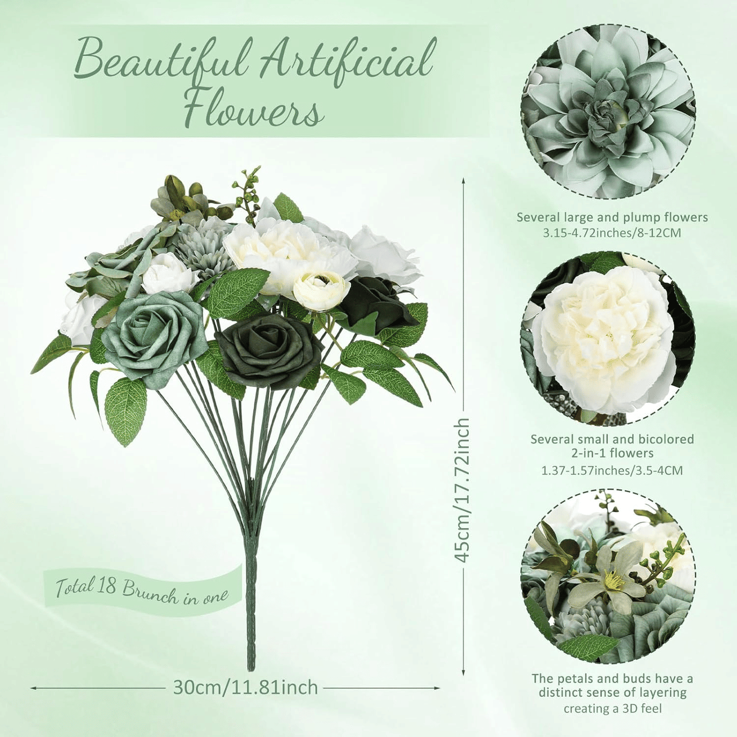 Artificial flower arrangement featuring green and white flowers with realistic leaves on stems