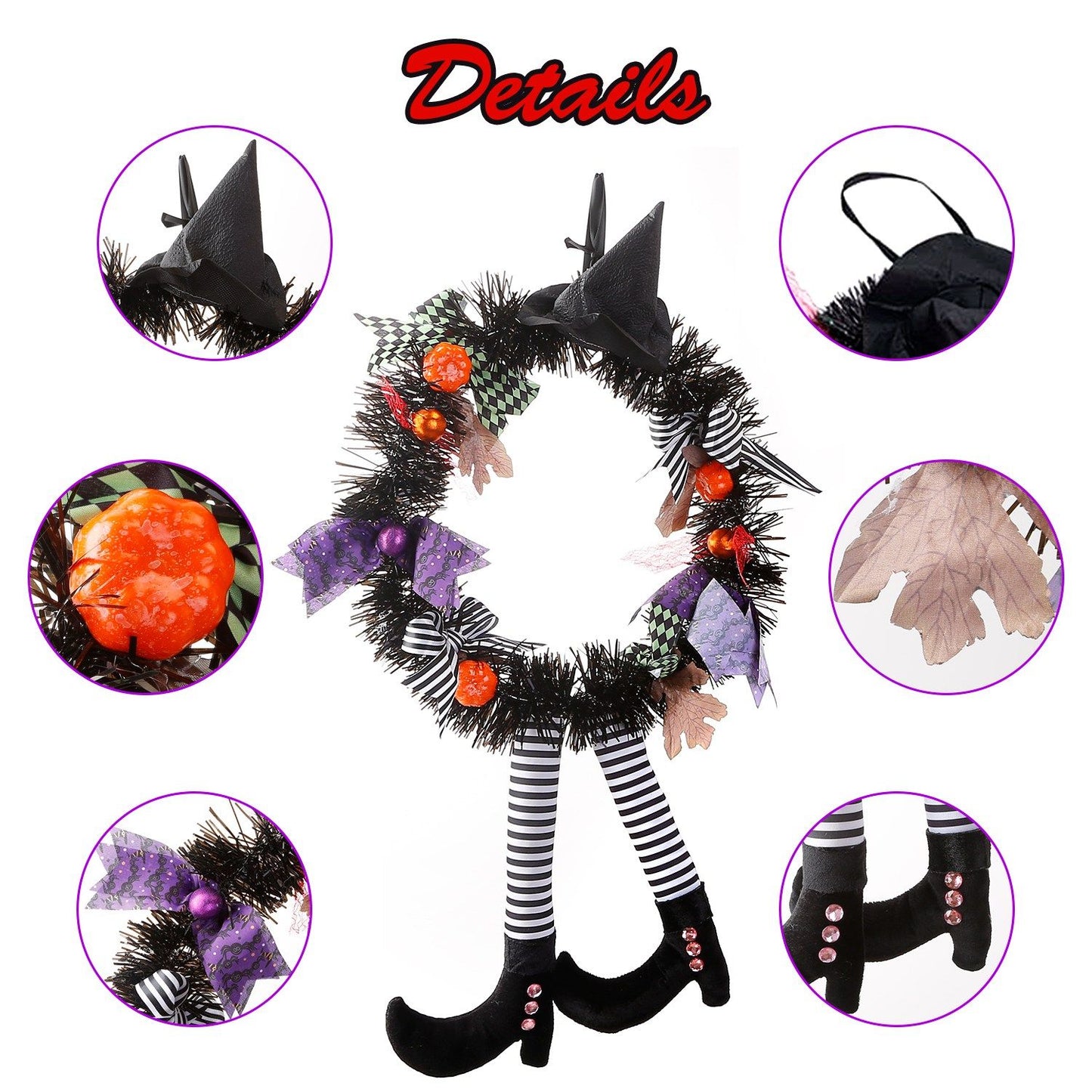 Halloween witch wreath with black witch hat orange pumpkins striped legs and decorative bows