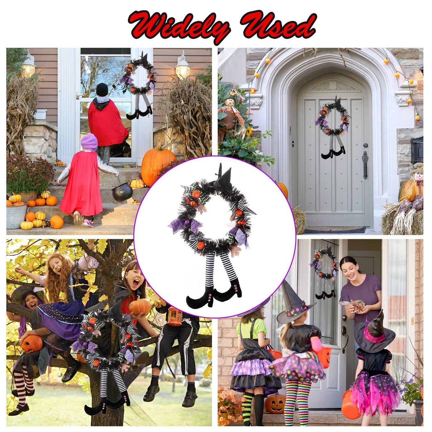 Halloween witch wreath decoration with black hat and striped legs hanging on doors for spooky fall decor