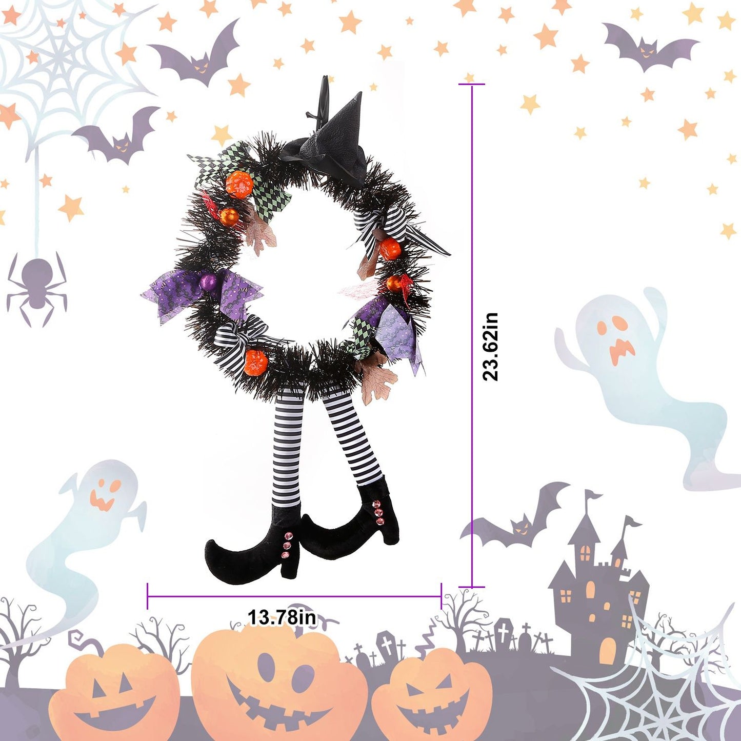 Halloween witch wreath with black hat, striped legs, orange pumpkins, and purple bows for spooky decor