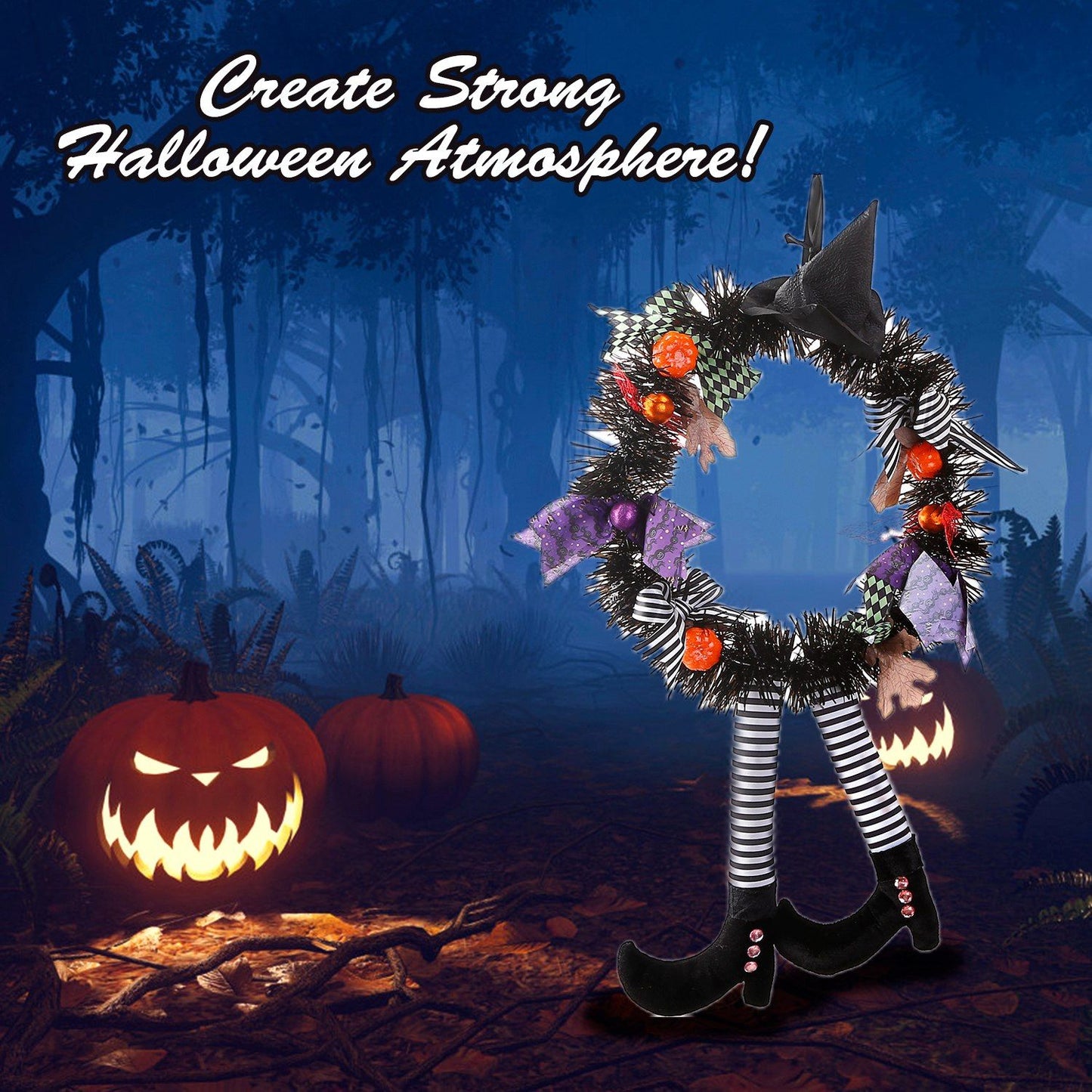 Halloween witch wreath with black hat, striped legs, and orange pumpkins for spooky decor