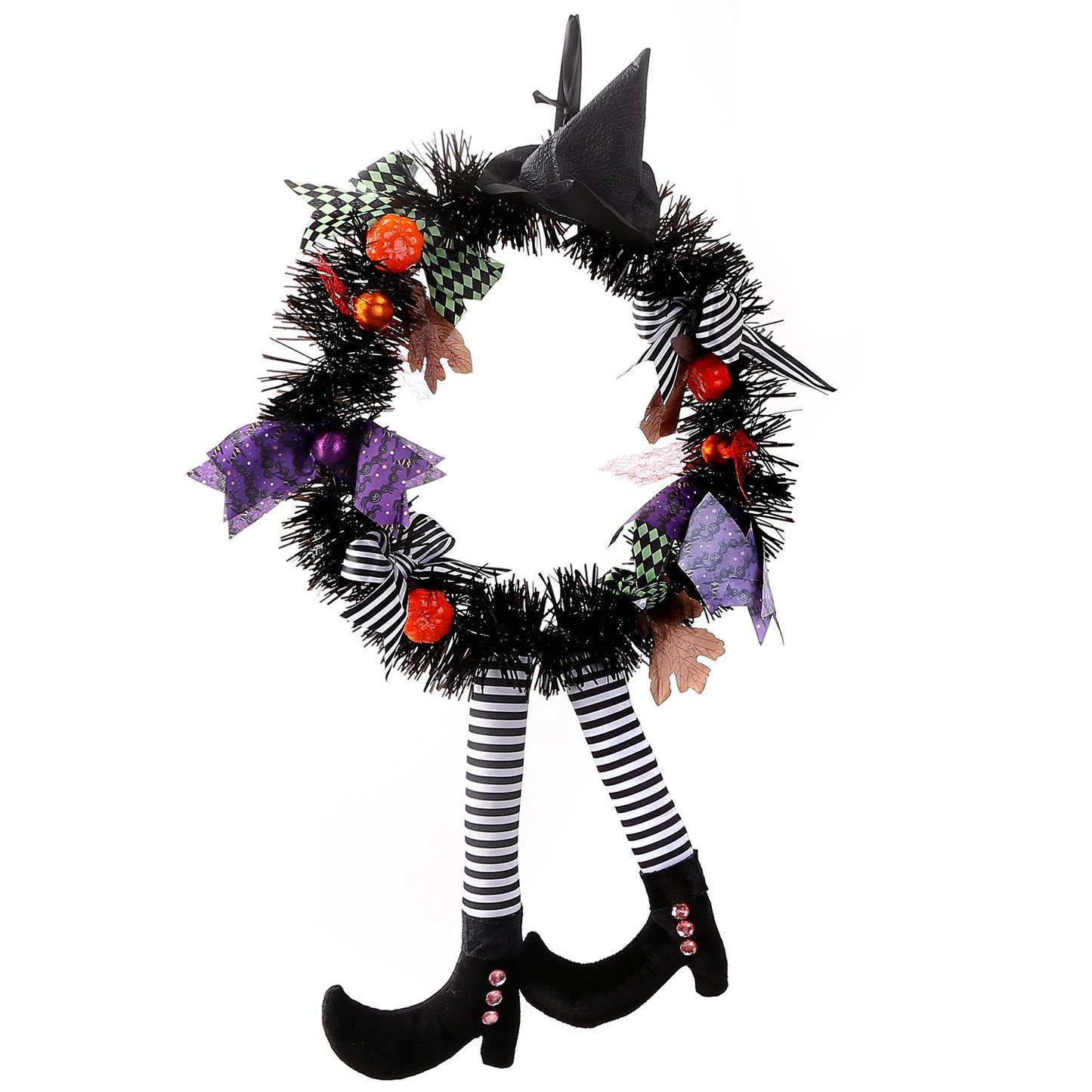 Halloween witch wreath with black tinsel, striped legs, purple and green bows, and witch hat