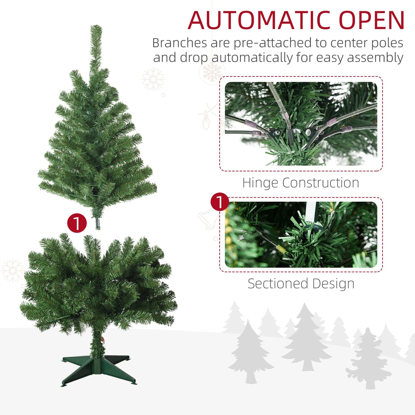 Holiday decor LED Christmas tree with automatic open hinge construction and sectioned design for easy assembly