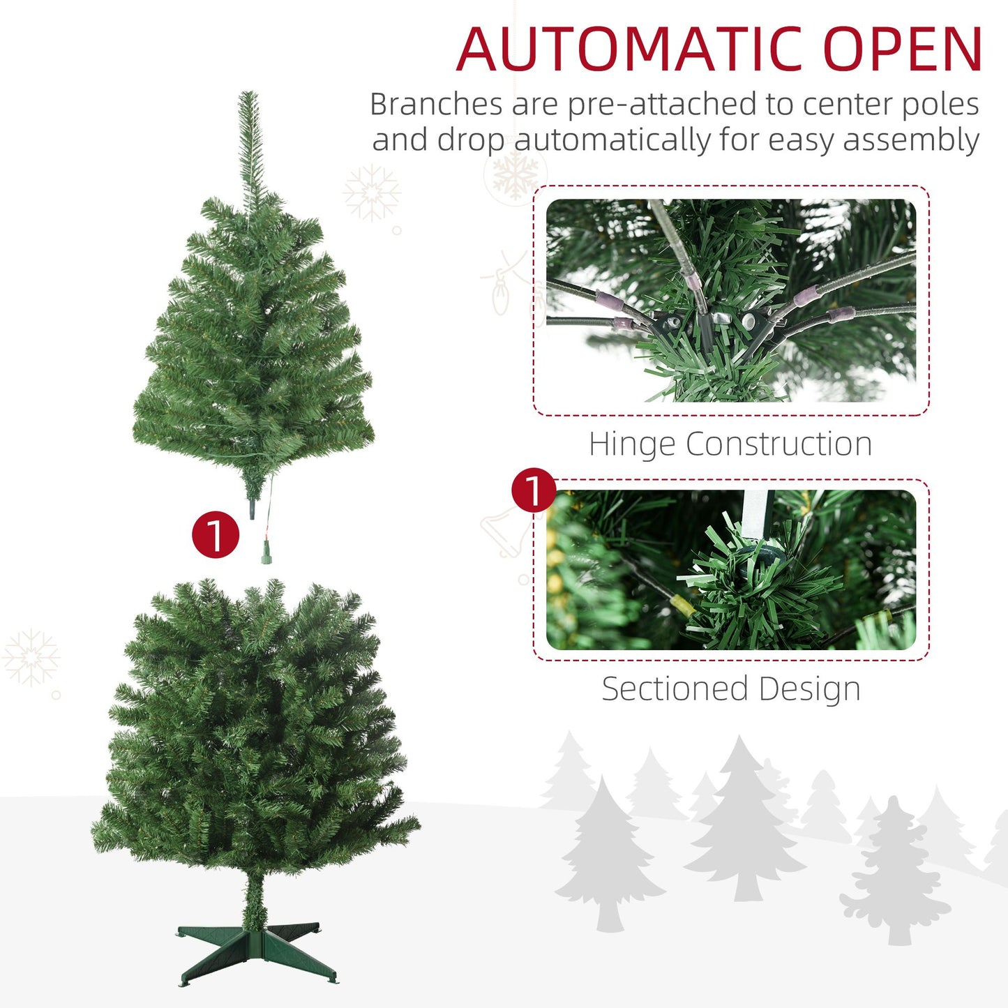 Holiday decor LED Christmas tree with automatic open branches and sectioned design for easy assembly
