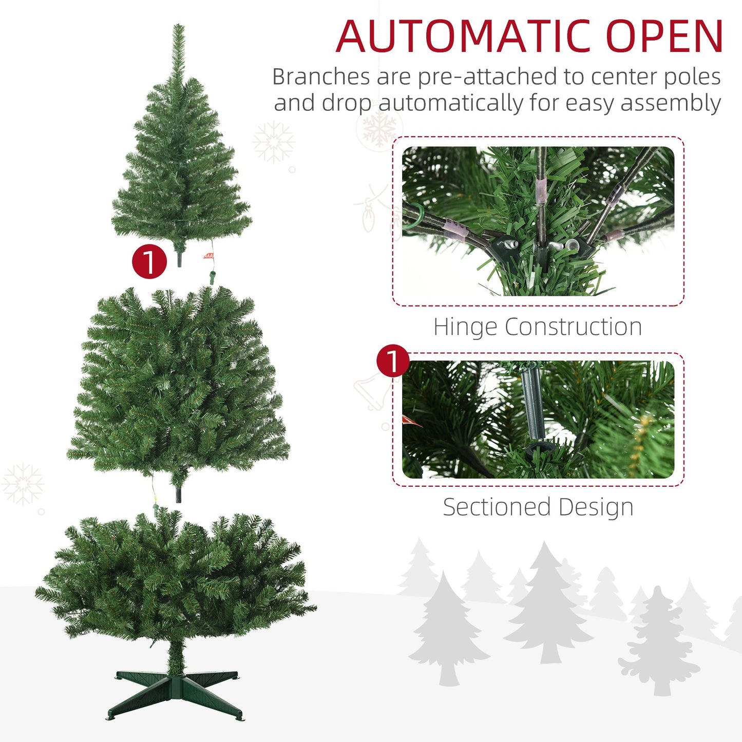 Automatic open holiday decor LED Christmas tree with pre-attached branches and easy assembly