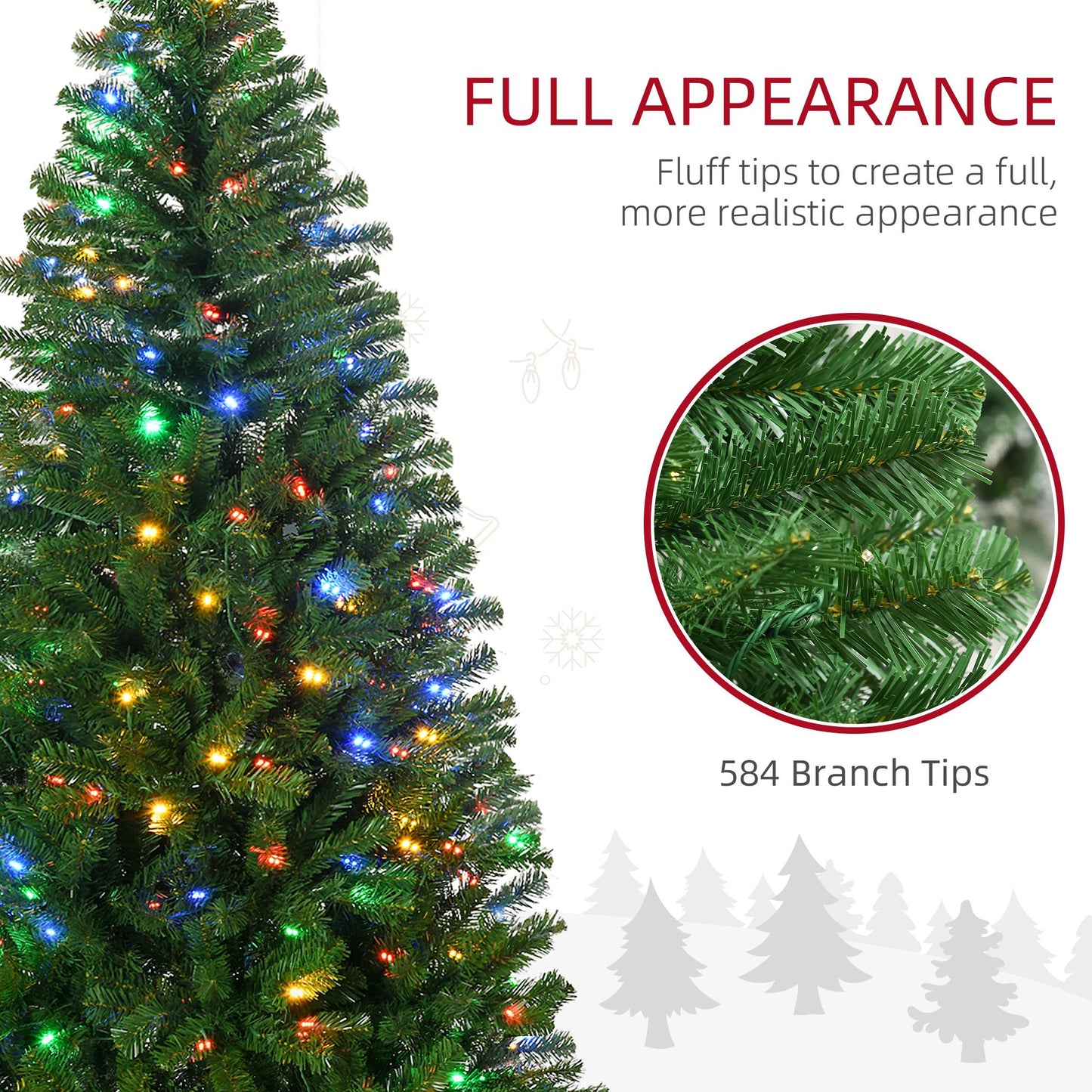 Holiday decor LED Christmas tree with 584 branch tips and colorful LED lights for a full realistic appearance