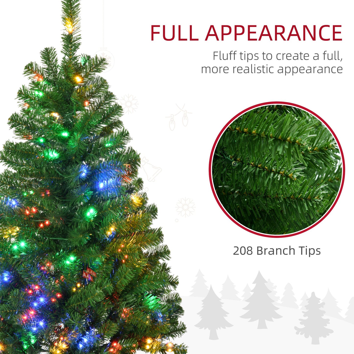 Full appearance holiday decor LED Christmas tree with 208 branch tips and colorful lights