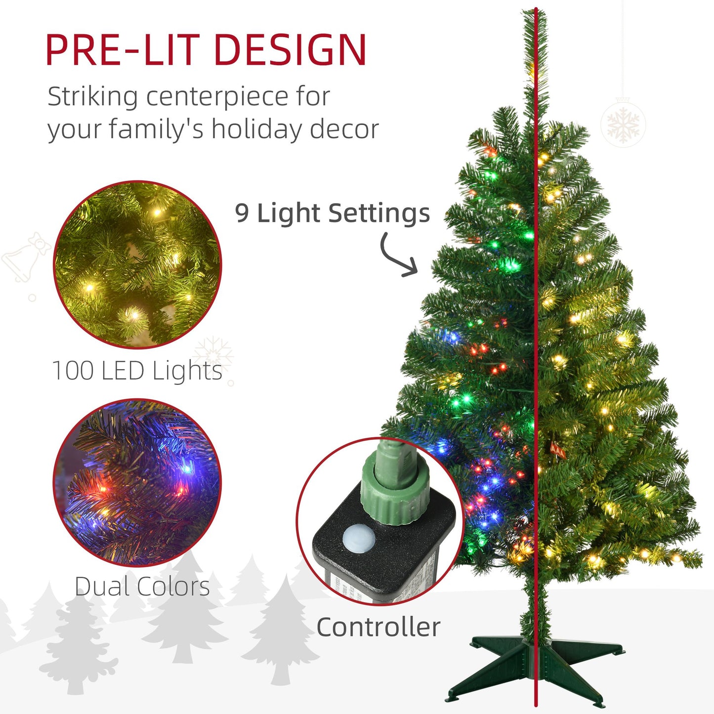 Holiday decor LED Christmas tree with 100 pre-lit LED lights, dual colors, and 9 light settings