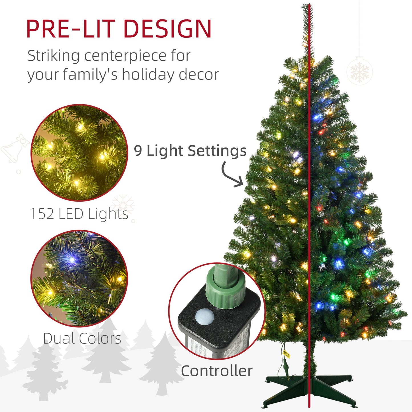 Pre-lit holiday decor LED Christmas tree with 152 LED lights, dual colors, and 9 light settings with controller