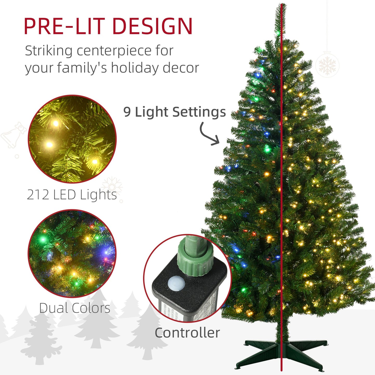 Pre-lit holiday decor LED Christmas tree with 212 LED lights, dual colors, and 9 light settings with controller