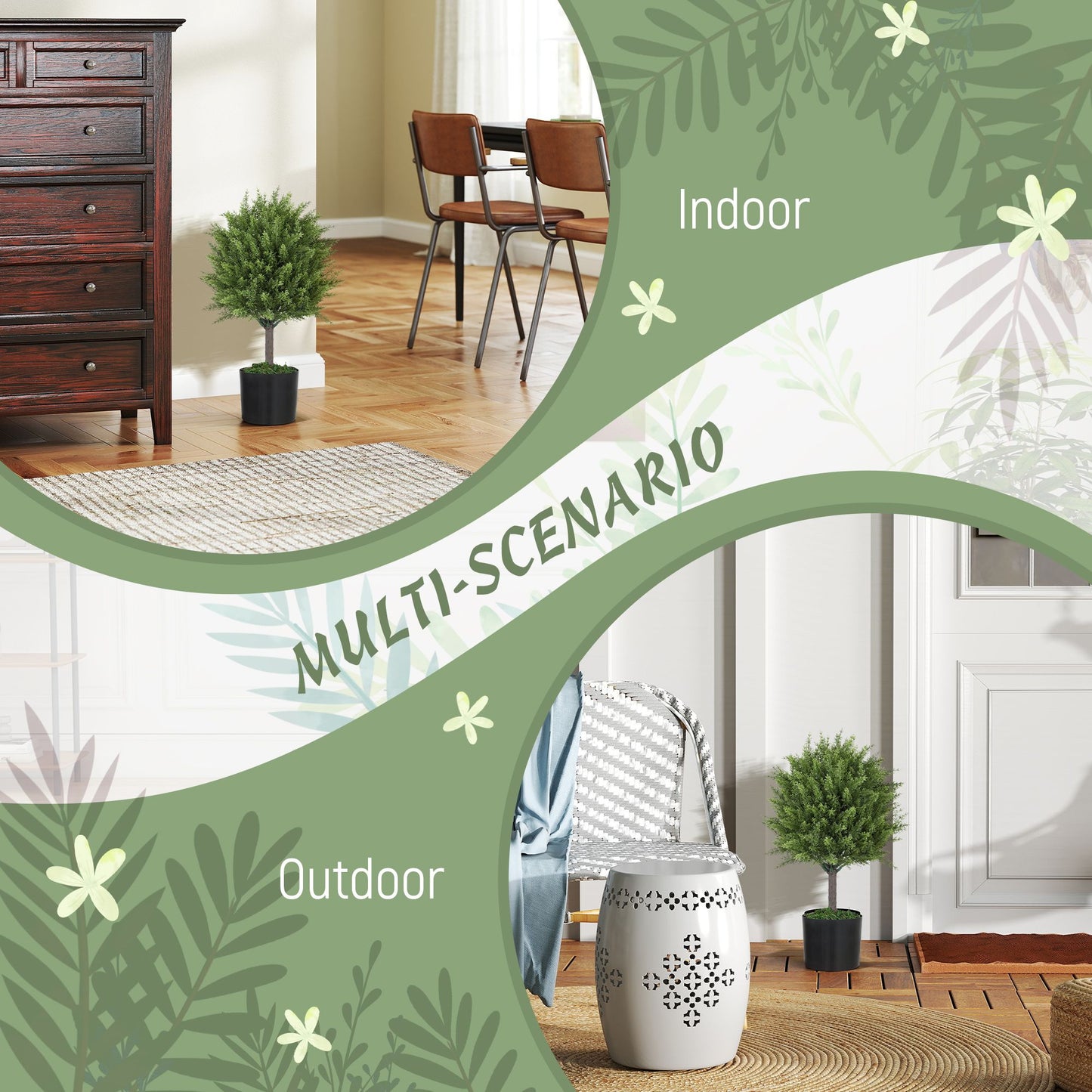 Indoor outdoor fake plants from FauxMart.com displayed in living room and patio settings for multi-scenario use